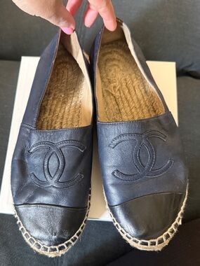 CHANEL Navy Leather Espadrilles with Black Cap Toe $350 size 37